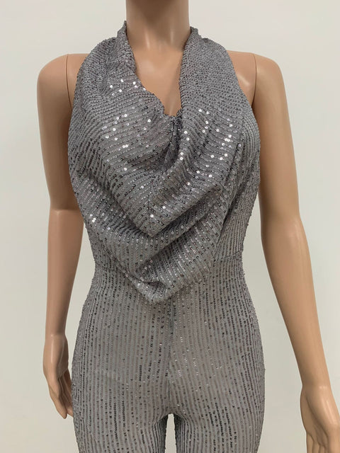 Autumn Newest Fashion Sexy Sleeveless Hanging Neck Open Back Sequin Playsuit Wide Leg Jumpsuit CODE: KAR1813