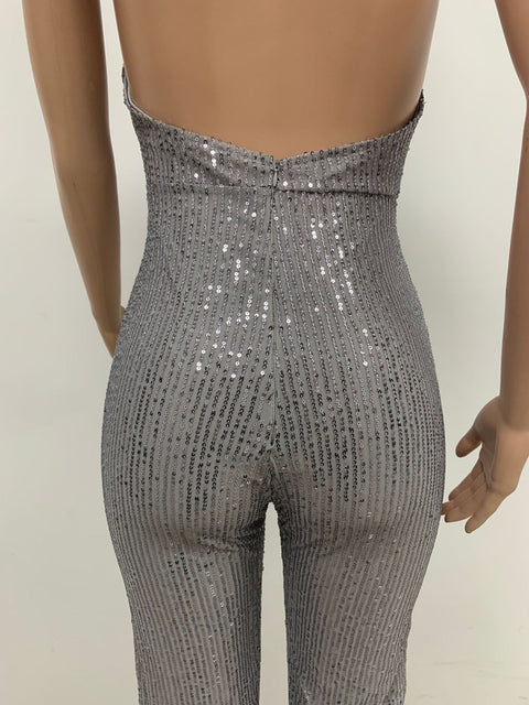 Autumn Newest Fashion Sexy Sleeveless Hanging Neck Open Back Sequin Playsuit Wide Leg Jumpsuit CODE: KAR1813