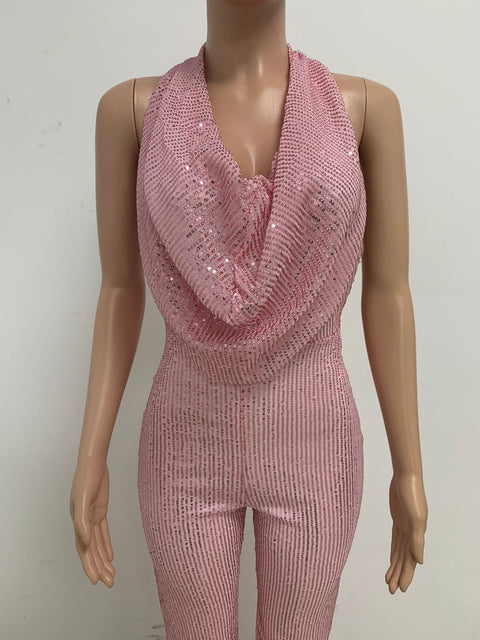 Autumn Newest Fashion Sexy Sleeveless Hanging Neck Open Back Sequin Playsuit Wide Leg Jumpsuit CODE: KAR1813
