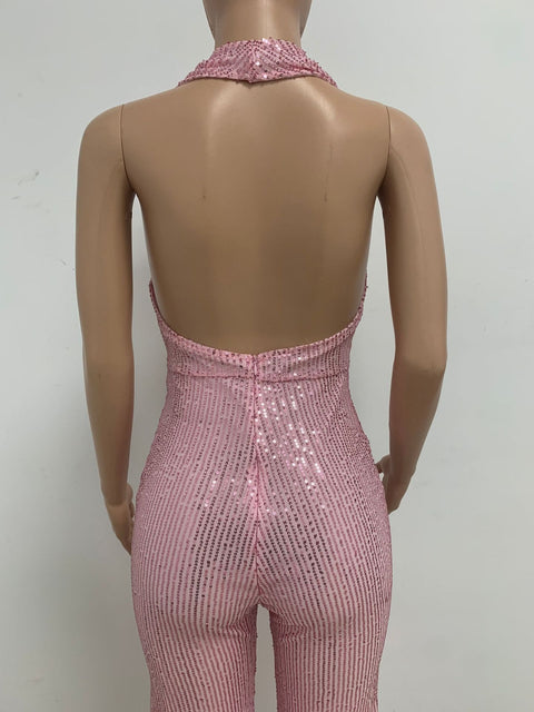 Autumn Newest Fashion Sexy Sleeveless Hanging Neck Open Back Sequin Playsuit Wide Leg Jumpsuit CODE: KAR1813