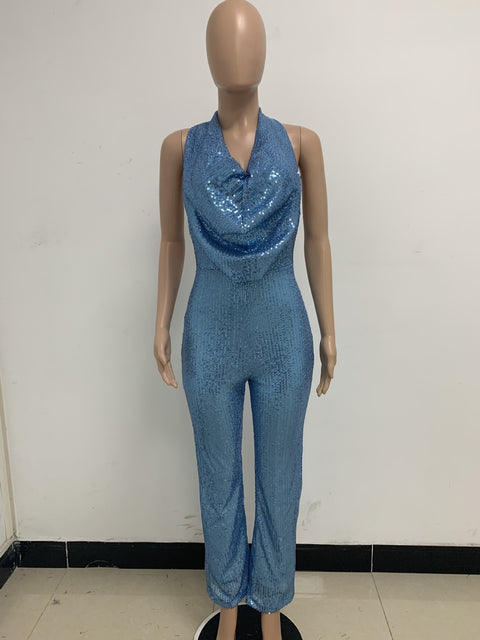 Autumn Newest Fashion Sexy Sleeveless Hanging Neck Open Back Sequin Playsuit Wide Leg Jumpsuit CODE: KAR1813