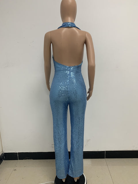 Autumn Newest Fashion Sexy Sleeveless Hanging Neck Open Back Sequin Playsuit Wide Leg Jumpsuit CODE: KAR1813