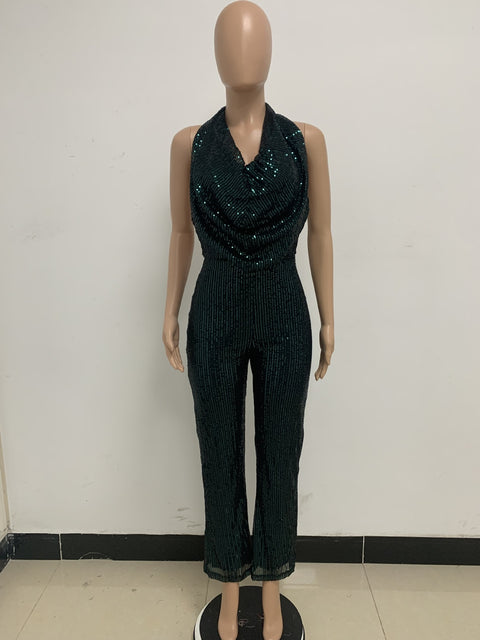 Autumn Newest Fashion Sexy Sleeveless Hanging Neck Open Back Sequin Playsuit Wide Leg Jumpsuit CODE: KAR1813