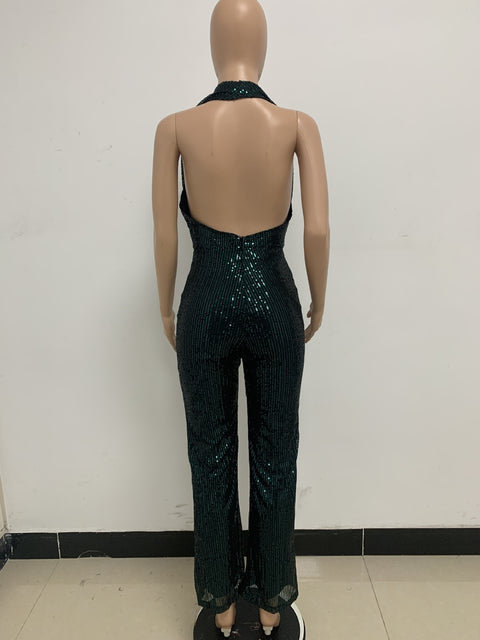 Autumn Newest Fashion Sexy Sleeveless Hanging Neck Open Back Sequin Playsuit Wide Leg Jumpsuit CODE: KAR1813