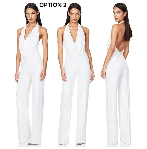 Autumn Newest Fashion Sexy Sleeveless Hanging Neck Open Back Sequin Playsuit Wide Leg Jumpsuit CODE: KAR1813