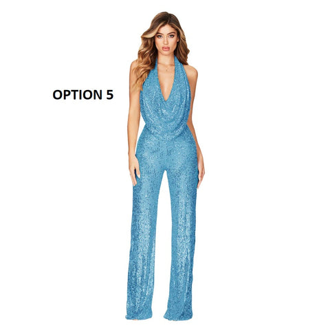 Autumn Newest Fashion Sexy Sleeveless Hanging Neck Open Back Sequin Playsuit Wide Leg Jumpsuit CODE: KAR1813