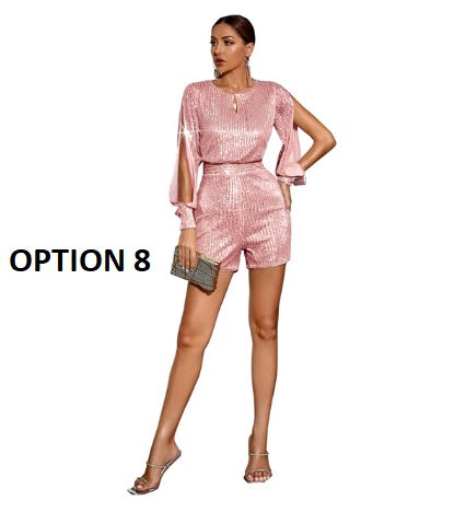 New Sexy Fashion  High Waist Sequin Shining Long Sleeve Split Jumpsuit  CODE: KAR1814