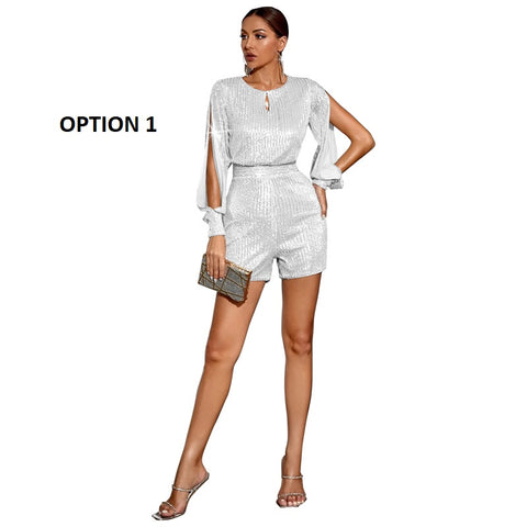 New Sexy Fashion  High Waist Sequin Shining Long Sleeve Split Jumpsuit  CODE: KAR1814