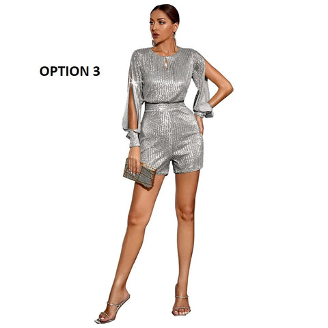 New Sexy Fashion  High Waist Sequin Shining Long Sleeve Split Jumpsuit  CODE: KAR1814