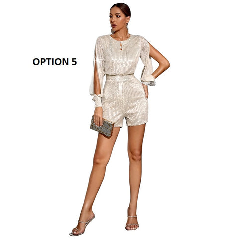 New Sexy Fashion  High Waist Sequin Shining Long Sleeve Split Jumpsuit  CODE: KAR1814