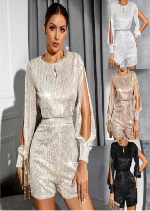 New Sexy Fashion  High Waist Sequin Shining Long Sleeve Split Jumpsuit  CODE: KAR1814