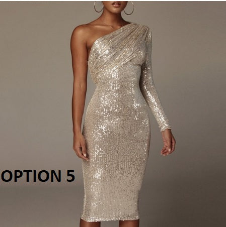 Sexy Fiesta Elegant Trend V Neck Long Sleeve One Shoulder Wrap Chest Sequin Dress CODE: KAR1815
