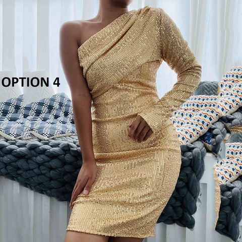 Sexy Fiesta Elegant Trend V Neck Long Sleeve One Shoulder Wrap Chest Sequin Dress CODE: KAR1815