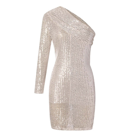 Sexy Fiesta Elegant Trend V Neck Long Sleeve One Shoulder Wrap Chest Sequin Dress CODE: KAR1815