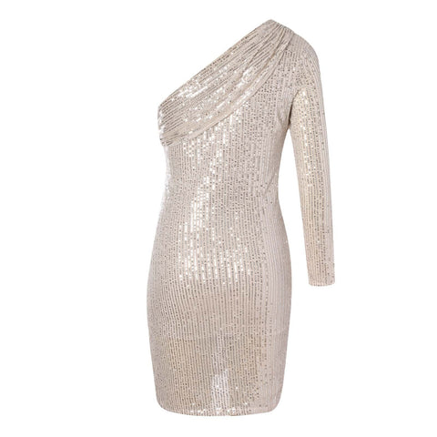 Sexy Fiesta Elegant Trend V Neck Long Sleeve One Shoulder Wrap Chest Sequin Dress CODE: KAR1815