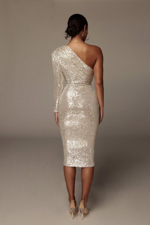 Sexy Fiesta Elegant Trend V Neck Long Sleeve One Shoulder Wrap Chest Sequin Dress CODE: KAR1815