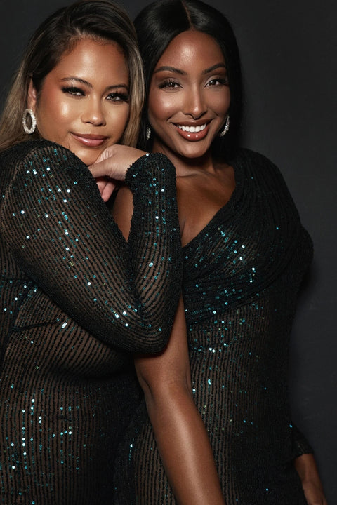 Sexy Fiesta Elegant Trend V Neck Long Sleeve One Shoulder Wrap Chest Sequin Dress CODE: KAR1815