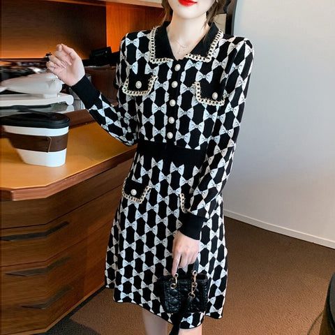 Autumn Fragrance High Waist A-Line Medium Length Knitted Dress CODE: KAR1816