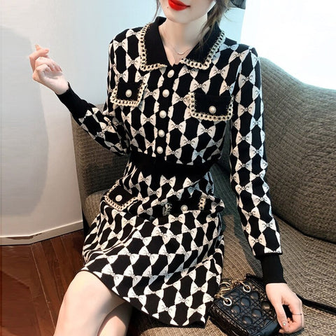 Autumn Fragrance High Waist A-Line Medium Length Knitted Dress CODE: KAR1816