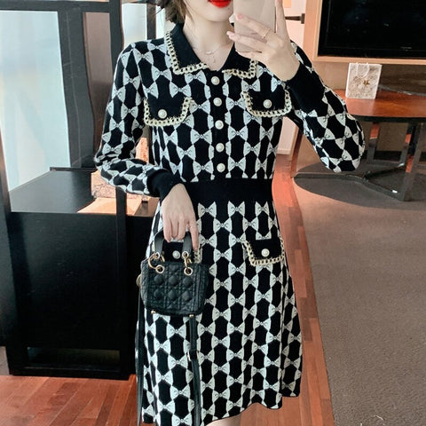 Autumn Fragrance High Waist A-Line Medium Length Knitted Dress CODE: KAR1816