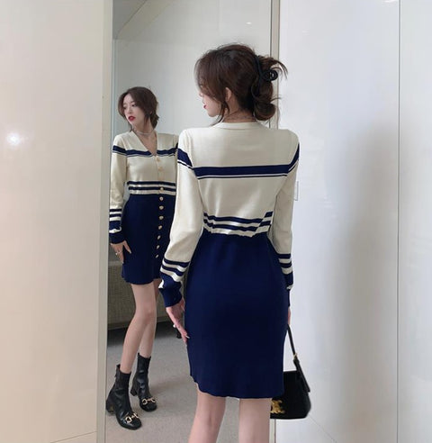 New Knitted Elegant Button V-Neck Bodycon Mini Street Stretchy Inner-Match Dress CODE: KAR1817