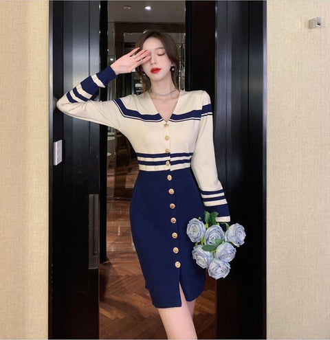 New Knitted Elegant Button V-Neck Bodycon Mini Street Stretchy Inner-Match Dress CODE: KAR1817