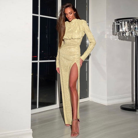 Autumn Bling Glitter Sequins Sexy Long Sleeve O-Neck Side Slit Bodycon Midi Dress CODE: KAR1822