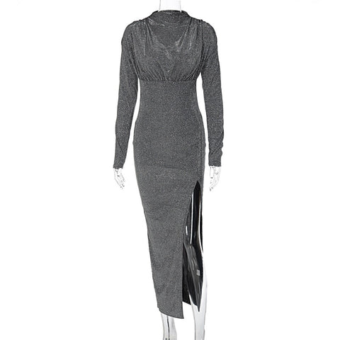 Autumn Bling Glitter Sequins Sexy Long Sleeve O-Neck Side Slit Bodycon Midi Dress CODE: KAR1822