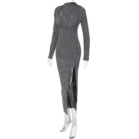 Autumn Bling Glitter Sequins Sexy Long Sleeve O-Neck Side Slit Bodycon Midi Dress CODE: KAR1822