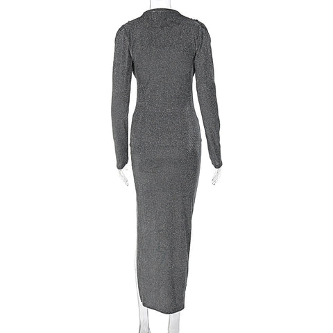 Autumn Bling Glitter Sequins Sexy Long Sleeve O-Neck Side Slit Bodycon Midi Dress CODE: KAR1822