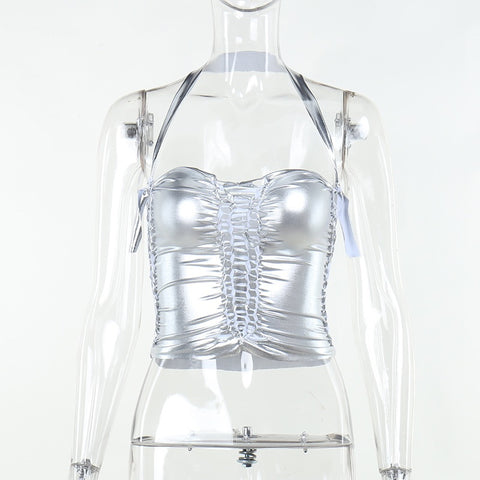 Vest Neck Hanging Ice Silk Hand Woven Hollow Suspender Sexy Short Vest Slim Elastic Top CODE: KAR1823