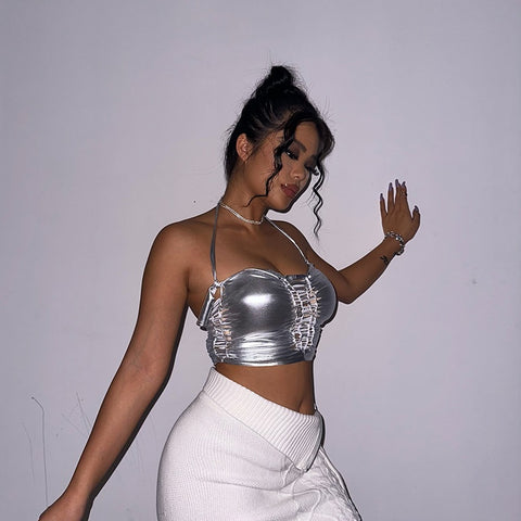 Vest Neck Hanging Ice Silk Hand Woven Hollow Suspender Sexy Short Vest Slim Elastic Top CODE: KAR1823