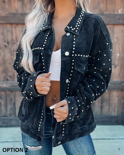 Fall and Winter Studded Heavy Street Style Fashion Corduroy Short Jacket CODE: KAR1824