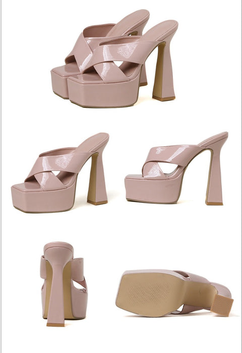 New Fashion Square Head Shallow Patent Cross Belt Side Empty Thick Heel Sandals CODE: KAR1826