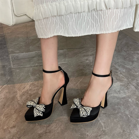 New Fashion Design White Pearl Bowknot High Heels Pointed Toe Platform Sandals CODE: KAR1828