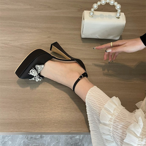 New Fashion Design White Pearl Bowknot High Heels Pointed Toe Platform Sandals CODE: KAR1828
