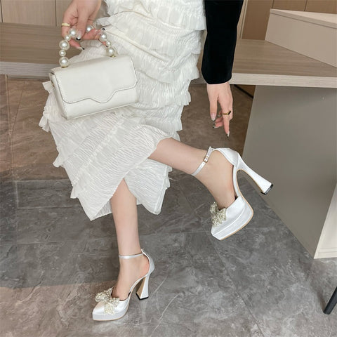 New Fashion Design White Pearl Bowknot High Heels Pointed Toe Platform Sandals CODE: KAR1828