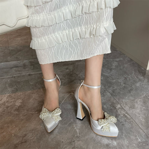 New Fashion Design White Pearl Bowknot High Heels Pointed Toe Platform Sandals CODE: KAR1828