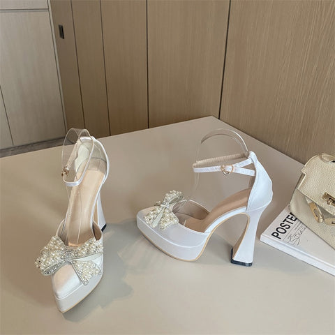 New Fashion Design White Pearl Bowknot High Heels Pointed Toe Platform Sandals CODE: KAR1828
