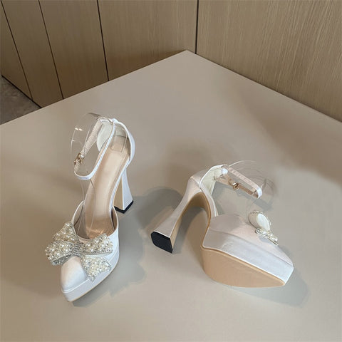New Fashion Design White Pearl Bowknot High Heels Pointed Toe Platform Sandals CODE: KAR1828