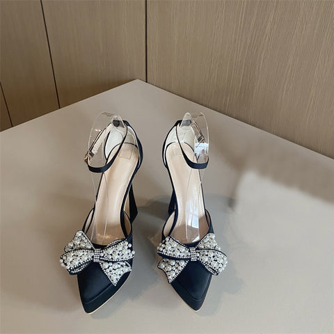 New Fashion Design White Pearl Bowknot High Heels Pointed Toe Platform Sandals CODE: KAR1828