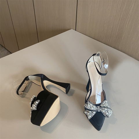 New Fashion Design White Pearl Bowknot High Heels Pointed Toe Platform Sandals CODE: KAR1828