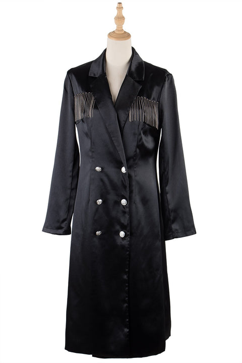 New Elegant Fringed Satin Windbreaker Slim Mercerized Long Jacket CODE: KAR1836