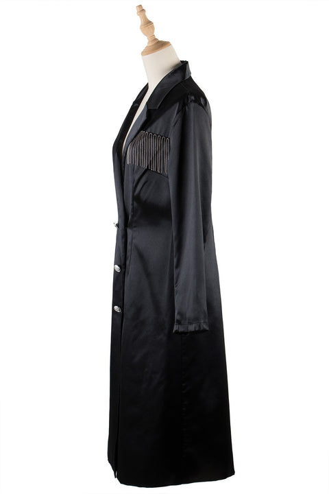 New Elegant Fringed Satin Windbreaker Slim Mercerized Long Jacket CODE: KAR1836
