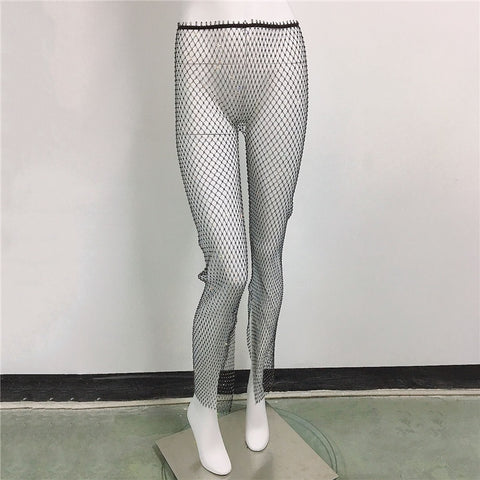Sparkle Diamante High Waisted Rhinestone Fishnet Wide Leg Pants CODE: KAR1840