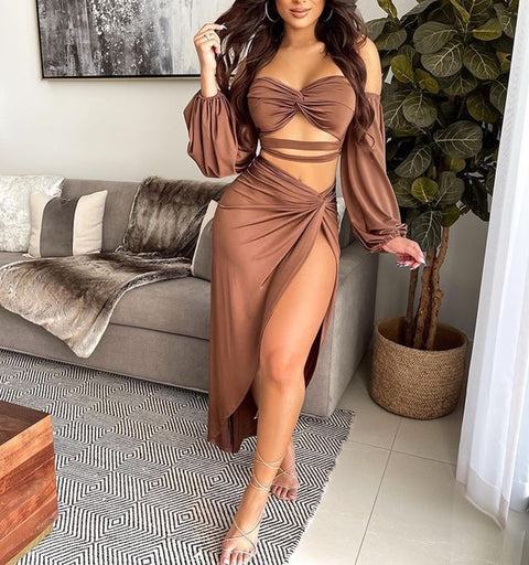 Summer Solid Color Street Sweet Design Lantern Sleeve Tube Top Hollow Asymmetric DressCODE: KAR1848