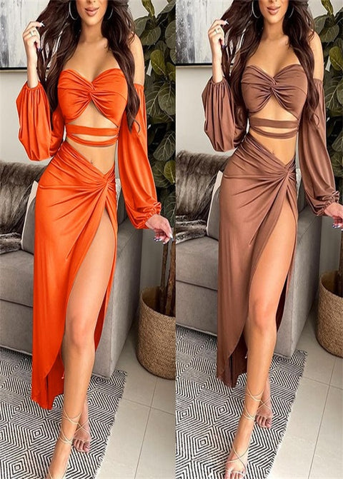 Summer Solid Color Street Sweet Design Lantern Sleeve Tube Top Hollow Asymmetric DressCODE: KAR1848
