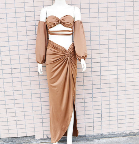Summer Solid Color Street Sweet Design Lantern Sleeve Tube Top Hollow Asymmetric DressCODE: KAR1848