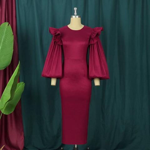 New Elegant Ruffle Patchwork Long Sleeve O Neck Midi Dress CODE: KAR1851