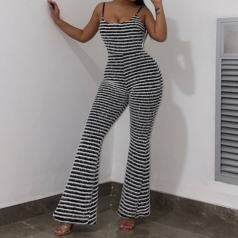 New Black and White Striped Knitted Flare Backless Jumpsuit CODE: KAR1859